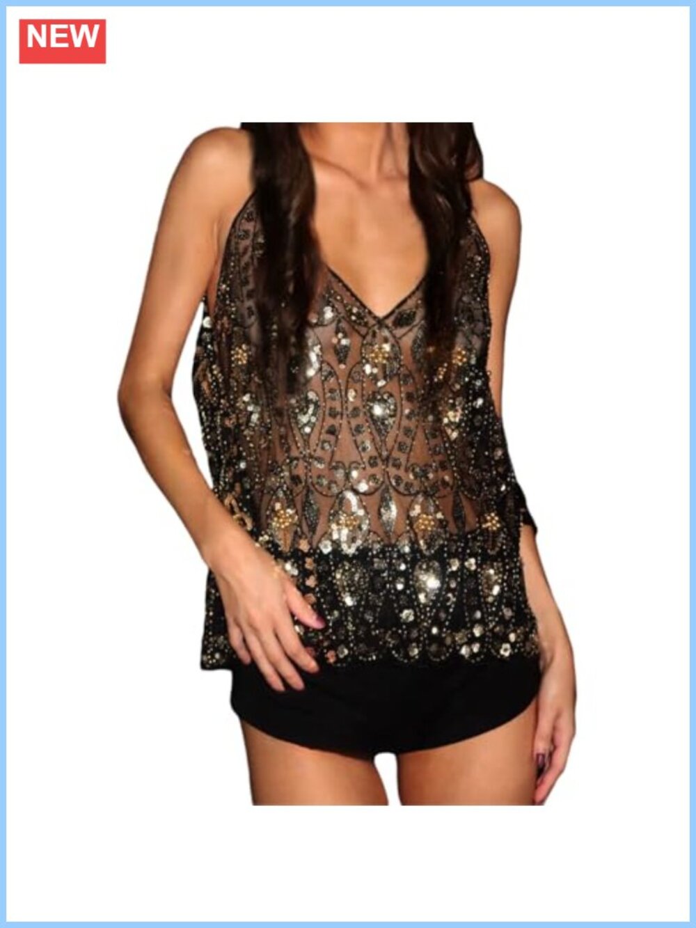 Rhinestone Sequin Sleeveless V-Neck Crop Tank Top Y2K Party Going Out